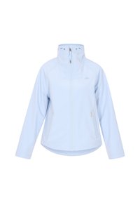 Giacca a zip blu chiaro con colletto alto e tasche laterali, che mette in mostra un tessuto liscio e un design semplice, centrata su uno sfondo bianco.