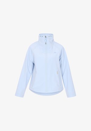 Hellblaue Zip- Jacke mit hohem Kragen und seitlichen Taschen, die glattes Material und ein einfaches Design zeigt, vor einem weißen Hintergrund zentriert.