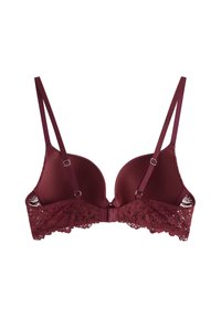 Reggiseno in pizzo bordeaux con coppe sagomate, spalline regolabili e rifinitura in pizzo decorativo sul bordo. Presenta una chiusura con gancetti.