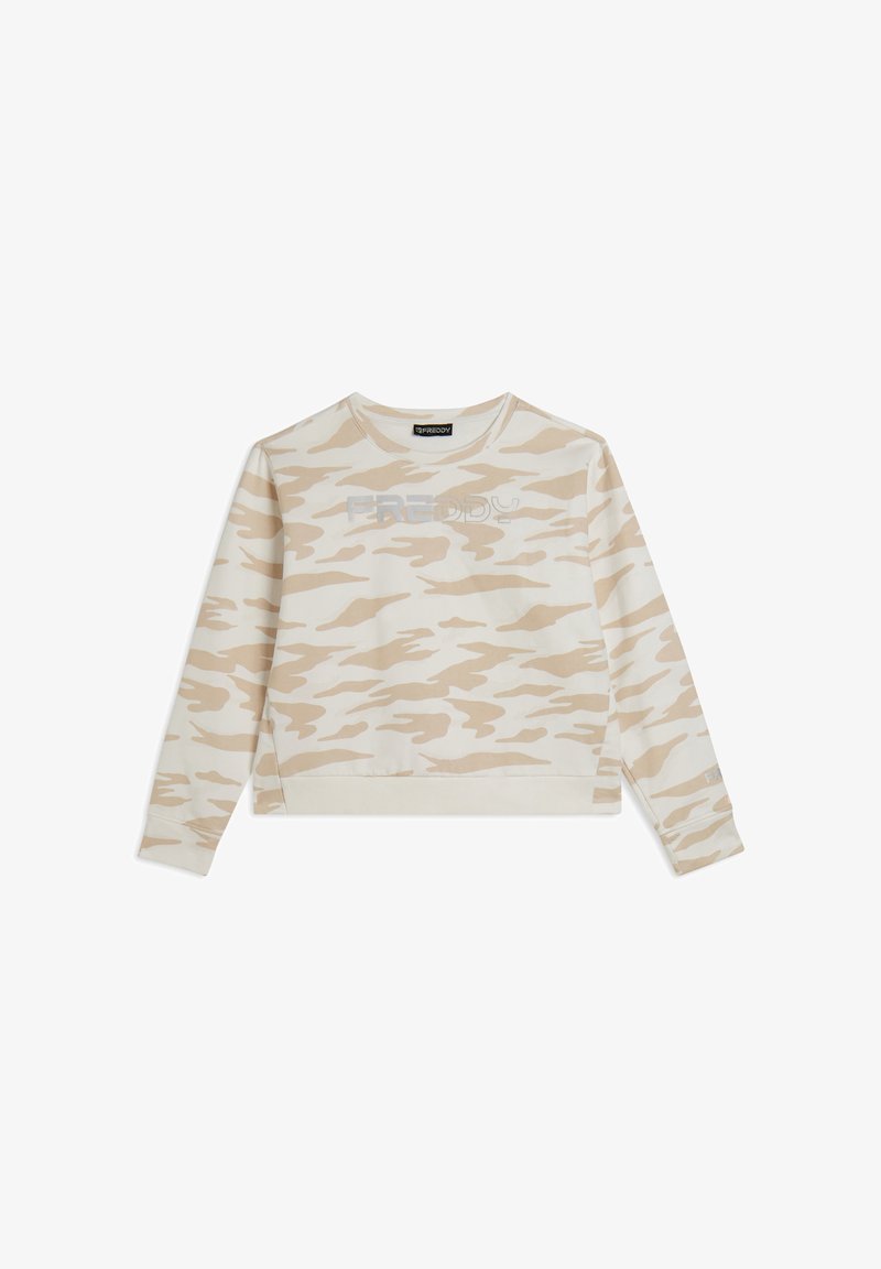 Felpa mimetica beige con maniche lunghe, collo rotondo e vestibilità cropped. Presenta un logo stampato sul davanti e una texture morbida.