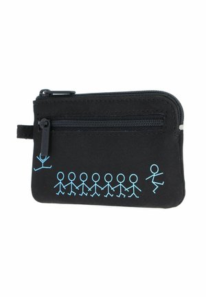 Trousse noire zippée avec des figurines bâtons bleues se tenant par la main, une figure détachée et espiègle sur le côté droit, petite poche zippée à l'avant.