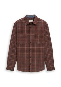 Chemise à carreaux marron à manches longues, avec des motifs de checks clairs et foncés, et deux poches poitrine avec fermetures à boutons.
