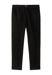 Schwarze, gerade geschnittene Hosen aus glattem Stoff. Mit Knopfverschluss, Gürtelschlaufen und zwei seitlichen Taschen. Keine sichtbaren Muster oder Akzente.