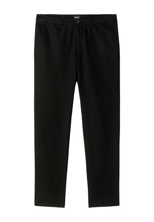 Schwarze, gerade geschnittene Hosen aus glattem Stoff. Mit Knopfverschluss, Gürtelschlaufen und zwei seitlichen Taschen. Keine sichtbaren Muster oder Akzente.