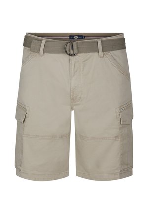 Pantaloncini cargo beige in misto cotone, con cintura in tessuto, multiple tasche e dettagli cuciti. Design con fronte piatto e lunghezza fino al ginocchio.