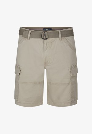 Shorts cargo beiges en mélange de coton, avec ceinture en tissu, multiples poches et coutures apparentes. Devant plat et longueur jusqu'au genou.