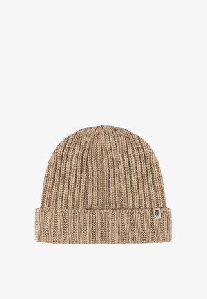 Beige ribbed knit winter beanie with folded cuff and small fabric tag on the side.