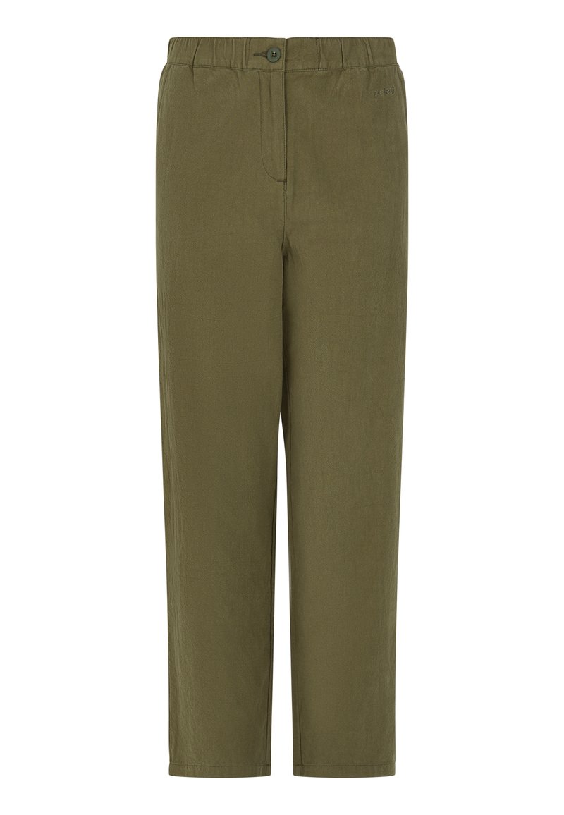 Pantaloni verde oliva con chiusura a bottone, vita elastica, vestibilità dritta e texture liscia. Presentano tasche laterali per praticità.