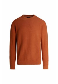 Pomarańczowy bawełniany sweter z okrągłym dekoltem, długimi rękawami i teksturowanym żebrowanym wzorem. Charakteryzuje się dopasowanym dołem i mankietami, co zapewnia schludne wykończenie.