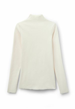 Langärmliges, hochgeschlossenes Oberteil aus weichem Creme-Stoff. Glatte Textur mit figurbetontem Schnitt und ohne sichtbare Nähte oder Muster.