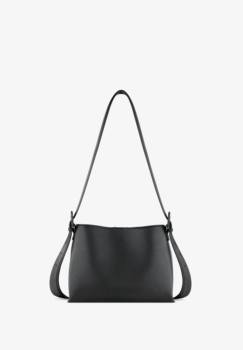 Schwarze Leder-Schultertasche mit glatter Textur, breitem Körper und verstellbarem Gurt. Einfaches Design mit minimalistischem Ästhetik, ohne sichtbare Beschläge.