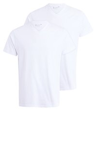 Two white cotton t-shirts with v-neck design, short sleeves, and a plain texture, suitable for casual wear.