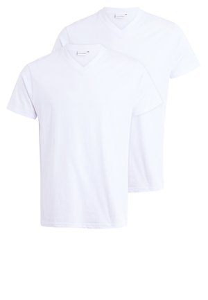 Two white cotton t-shirts with v-neck design, short sleeves, and a plain texture, suitable for casual wear.
