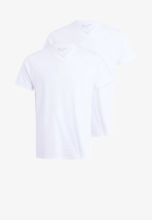 Two white cotton t-shirts with v-neck design, short sleeves, and a plain texture, suitable for casual wear.