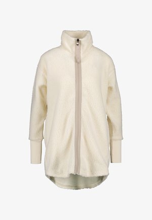 Cream-colored fleece jacket featuring a high collar, full front zipper, and long sleeves with fitted cuffs. Soft, textured fabric.