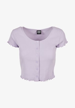 Levandulový cropped top z žebrované látky, s kulatým výstřihem, krátkými rukávy s volánkovými okraji a pěti odpovídajícími knoflíky vpředu.