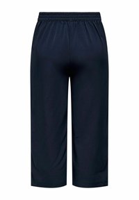 Pantalon large cropped bleu marine avec taille élastique, tissu lisse, sans poches ni ornements visibles.