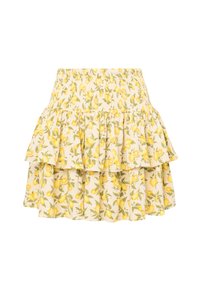 Geel bloemen gestreepte rok met citroenpatronen, voorzien van een smocktail zodat de taille strakker zit en met ruffels voor extra textuur en detail.