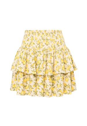 Gonna a strati gialla a fiori con motivi di limone, caratterizzata da una vita arricciata e strati volant per un maggiore texture e dettaglio.