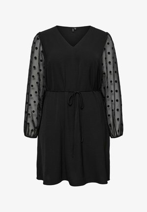 Sort kjole med V-udskæring og elastisk talje. Gennemsigtige, prikkede lange ærmer; blødt stof; længde over knæene.