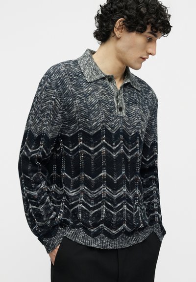 Νεαρός άνδρας με κυματιστά μαλλιά, φοράει ένα πουλόβερ πλεκτό με γκρι και μαύρο σχέδιο, με γιακά, και μαύρο παντελόνι, στέκεται μπροστά σε απλό φόντο.