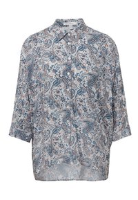 Chemise ample à boutons avec manches trois-quarts et motif cachemire bleu, marron et blanc sur un tissu léger.