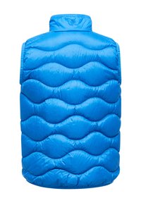 Blauwe puffy vest met een golfpatroon, hoge kraag en mouwloos design; gemaakt van glanzend, gewatteerd materiaal.