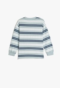 Gestreiftes Langarm-T-Shirt in Hellgrau mit navyblauen und weißen Horizontalstreifen. Weicher Baumwollstoff mit gerippten Bündchen und Rundhalsausschnitt.