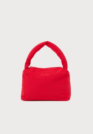 Red soft fabric handbag with padded handle and top zipper closure, set against a plain light background.