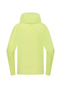 Neon-gelbes langärmeliges Jackett mit Kapuze, das eine glatte Oberfläche und minimale Nähte aufweist, entworfen für Sichtbarkeit und Komfort.