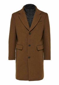 Brun ullblandings frakk med notched lapel, tre knapper, og to frontlommer; har en avtagbar svart innervest.