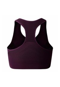 Lila nahtloser Sport-BH mit Racerback-Design, strukturierten Netzakzenten und einem glatten, elastischen Unterband. Keine sichtbare Hardware.