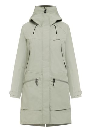 Light gray long raincoat with hood, front zipper covered by flap, two zippered pockets, wrist straps, and "Didriksons" logo on chest.
