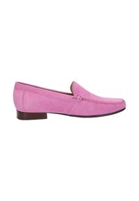 Rosa Wildlederschuhe mit niedrigem Blockabsatz, die dekorative Nähte entlang der Spitze und eine glatte Oberfläche aufweisen. Ein einfaches und klassisches Design.