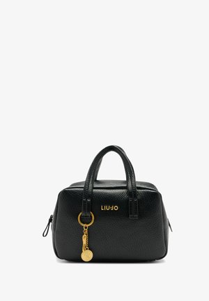 Black textured leather bag with dual handles, gold hardware, and a keychain accent. Features a logo in gold on the front.