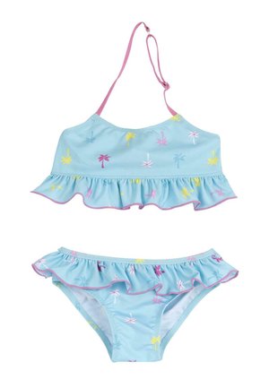 Bikini a due pezzi azzurro chiaro con spallina rosa regolabile, bordo con balze e stampe colorate di palme in giallo, rosa, bianco e blu.