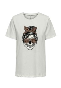 T-shirt gris clair avec un graphique représentant un crâne portant des lunettes de soleil à imprimé léopard et un bandeau assorti en imprimé léopard. Manches courtes.