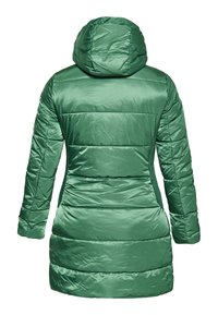 Geacă puff verde cu glugă, cu secțiuni matlasate și o textură netedă și lucioasă. Mâneci până la cot și un design până la mijlocul coapselor.