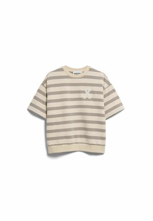 Beige und hellgraues, horizontal gestreiftes, oversized Kurzarmshirt mit rundem Ausschnitt und kleinem, besticktem Logo auf der Brust.