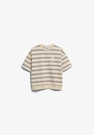 Beige und hellgraues, horizontal gestreiftes, oversized Kurzarmshirt mit rundem Ausschnitt und kleinem, besticktem Logo auf der Brust.