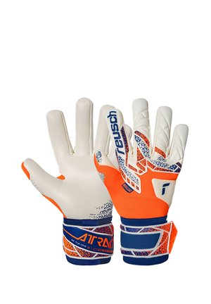 Pair of orange, white, and blue Reusch goalkeeper gloves with grip palms and adjustable wrist straps displaying "Atrakt" branding.