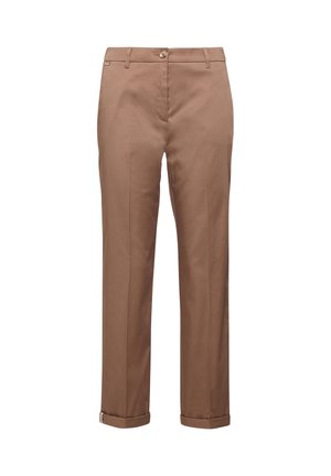 Bruine, op maat gemaakte broek met rechte pijpen en omgeslagen zomen, riemlussen, knoopsluiting aan de voorkant en ritssluiting.