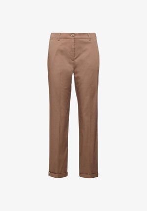 Braune, maßgeschneiderte, gerade geschnittene Hose mit umgeschlagenen Säumen, Gürtelschlaufen, vorderer Knopfleiste und Reißverschluss.