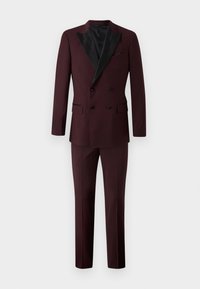 Burgundy double-breasted suit with black satin lapels, matching trousers, and side pockets. Smooth fabric with a tailored fit.