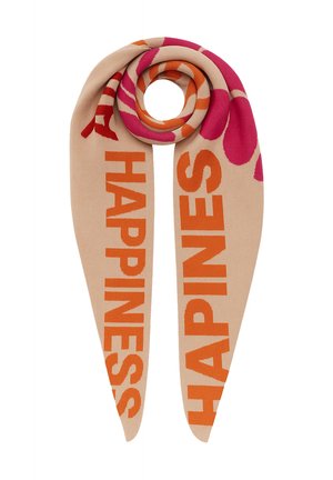 Beige scarf featuring bold orange text reading "HAPPINESS" and pink floral designs, soft texture, and a long, flowing shape.