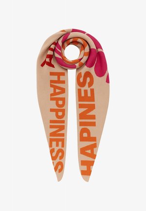 Beige scarf featuring bold orange text reading "HAPPINESS" and pink floral designs, soft texture, and a long, flowing shape.