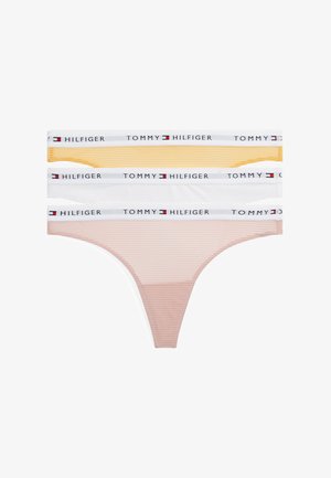 Jasnoróżowy, paskowany zestaw bielizny, składający się z trójkątnego biustonosza i pasujących stringów. Posiada logo na pasku oraz minimalistyczny design, wykonany z miękkiej tkaniny.