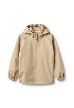 Giacca antipioggia beige per bambini con cappuccio, zip frontale, polsini elastici e bottoni a pressione sul collo del cappuccio.