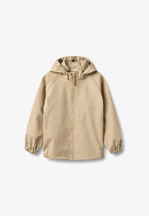Giacca antipioggia beige per bambini con cappuccio, zip frontale, polsini elastici e bottoni a pressione sul collo del cappuccio.
