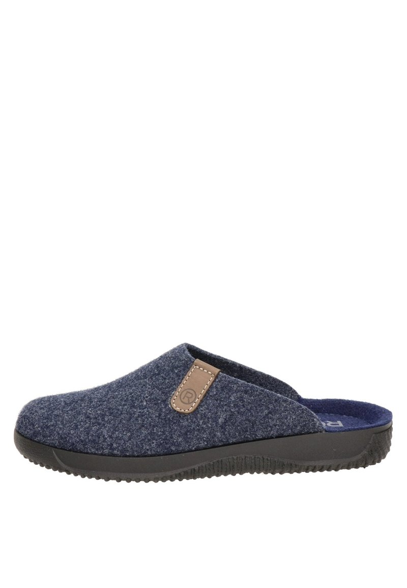 Chaussons en feutre de couleur bleu foncé avec une surface texturée, ornés d'une touche en cuir marron et d'une semelle en caoutchouc noir pour une meilleure adhérence.
